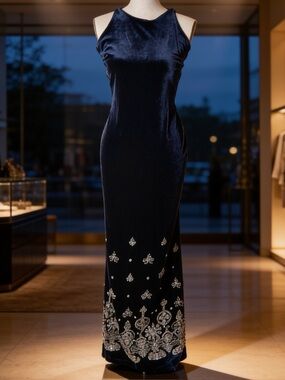 Vintage royal blue,Velvet,slinky,slip dress,Maxi length,beaded,embellished,EUC